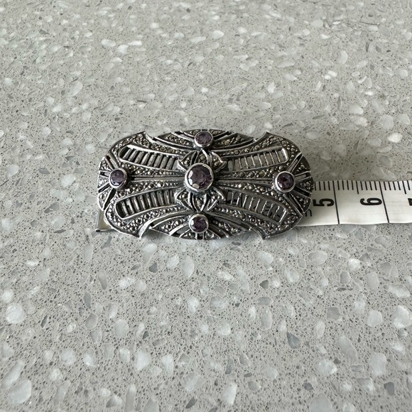 Art Deco Sterling Silver Natural Amethyst & Marcasite Brooch Stamped Makers Mark - Picture 10 of 11